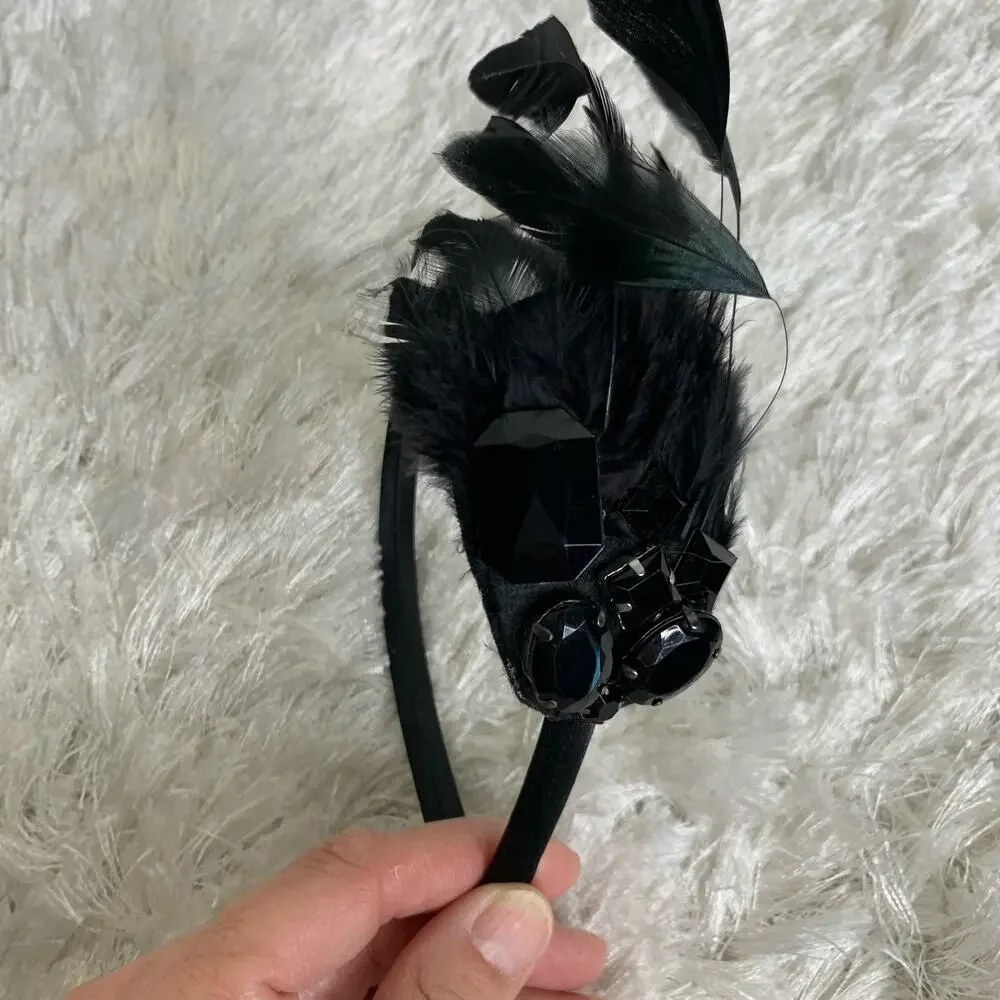 Black Feather Rhinestone Jewel Headband Costume Dance Halloween